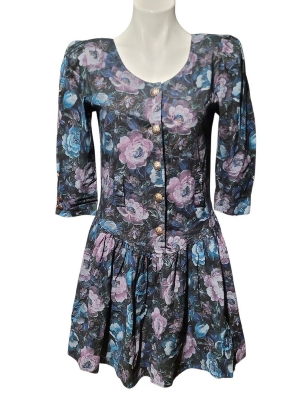 Vintage 80s Jodi Michaels Black Purple Blue Contrast Floral Dress Size 7 Small